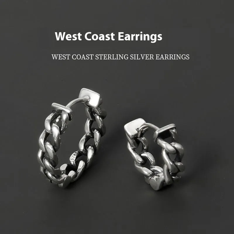Simple geometric men's silver-tone earrings on a plain background showing front and side views.