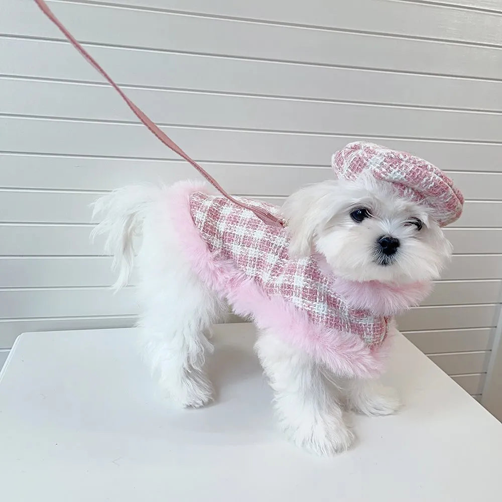 Pink cat cloak costume set with beret and hand-holding rope detail on hanger