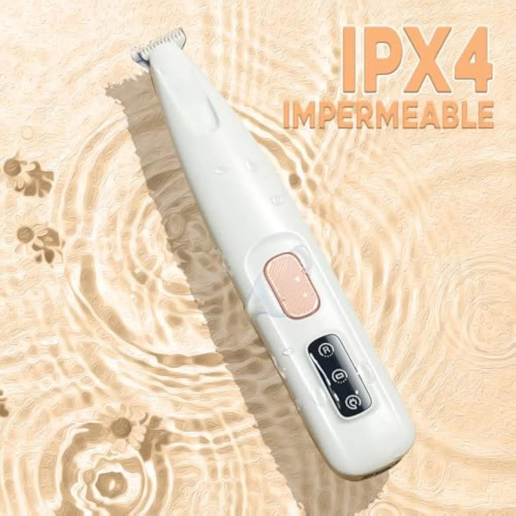 Electric dog paw trimmer in white with LED light and rechargeable base, for trimming paw fur