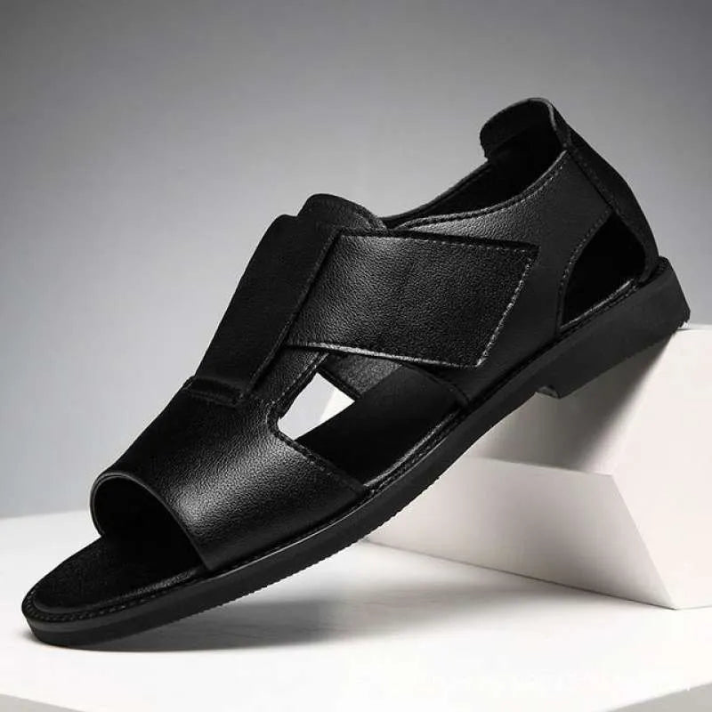 Men's black and brown casual leather sandals with open-toe design and rubber sole