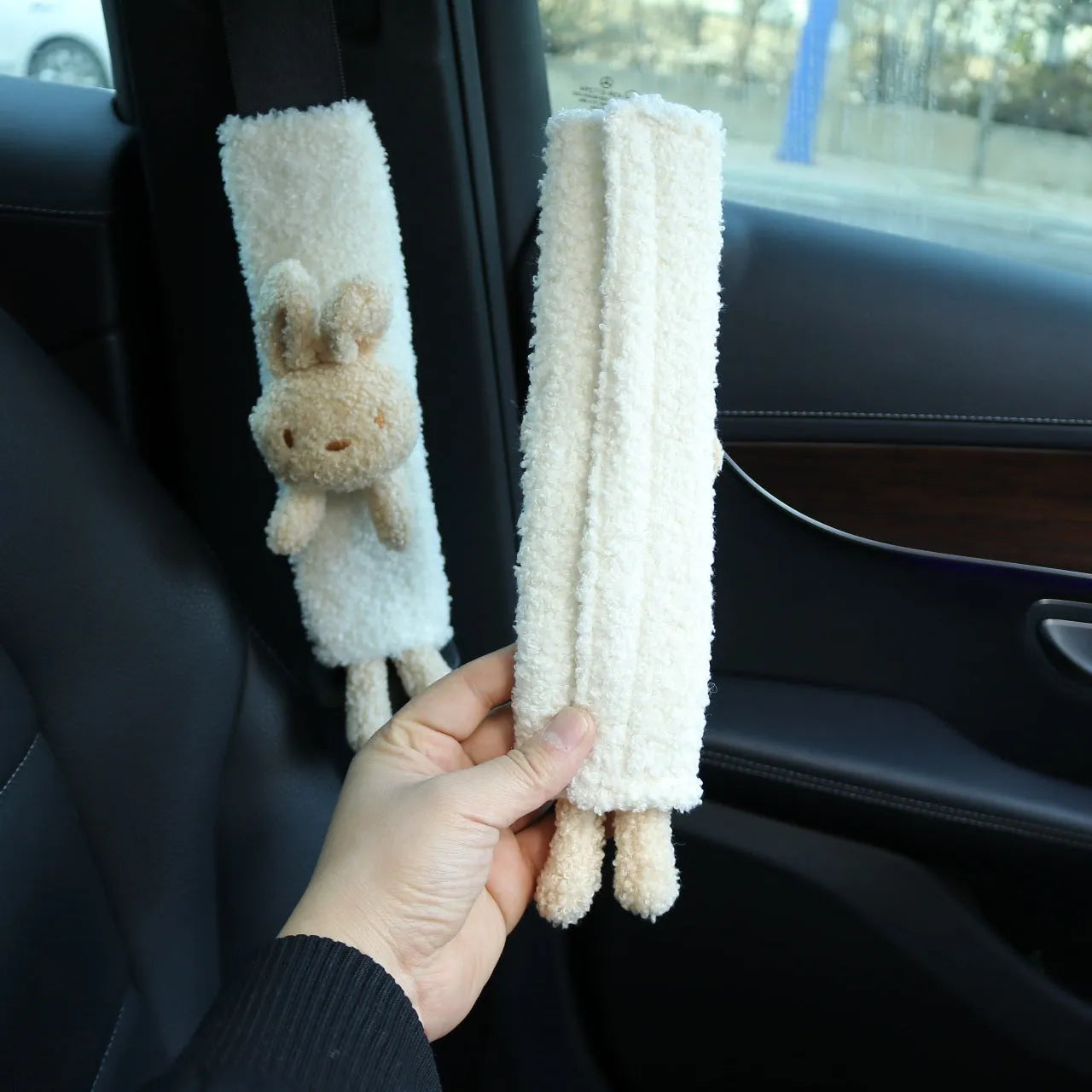 Cartoon plush car seatbelt shoulder protector in Rabbit and Bear designs made from soft lamb wool.