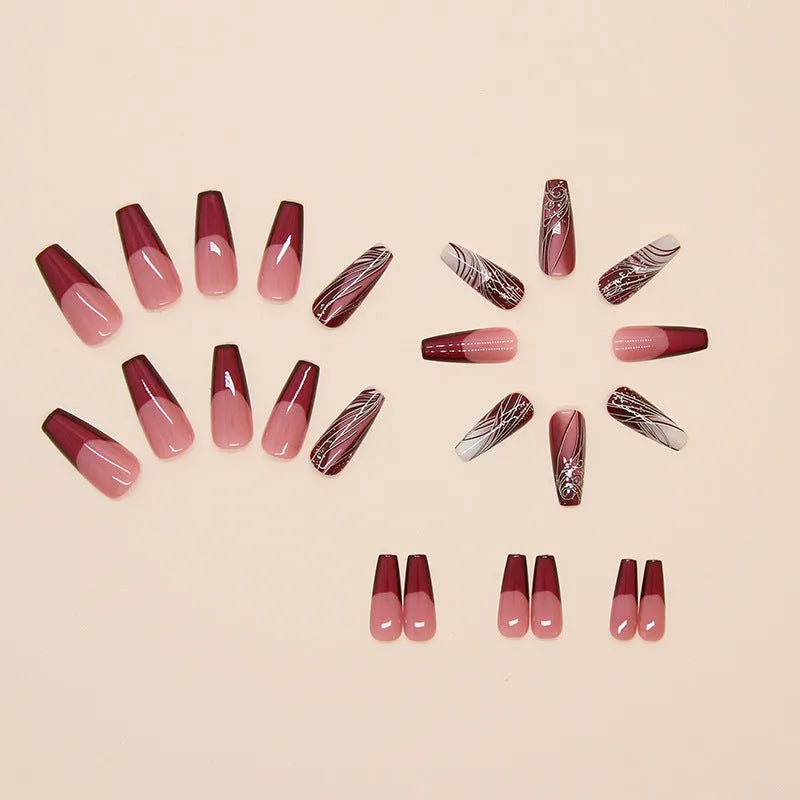 French line pattern false nails with adhesive glue in packaging