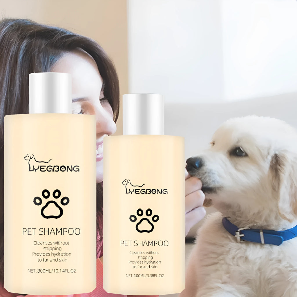 Mild dog shampoo bottle in 100ml and 300ml sizes for gentle coat cleansing