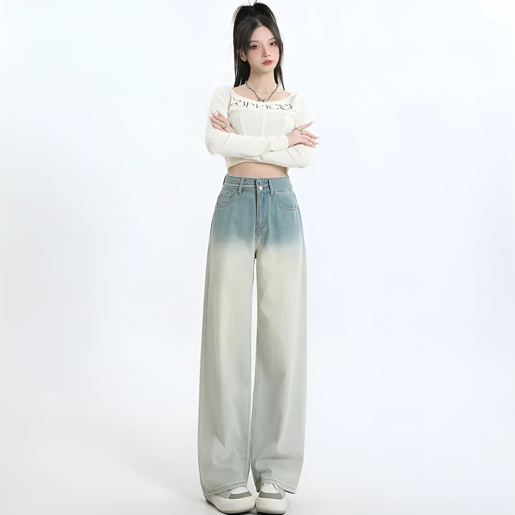 Women's gradient blue straight-leg trousers in denim fabric with wide leg silhouette