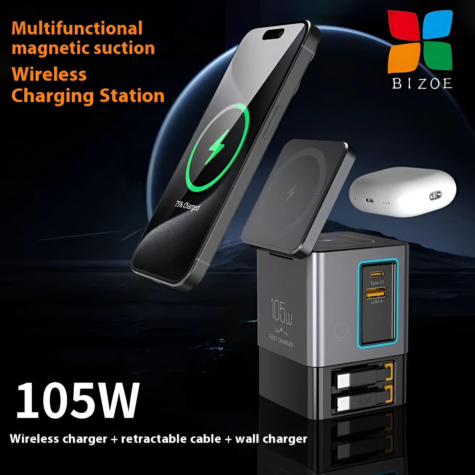 105W GaN magnetic wireless charger in black with interchangeable UK EU US AU power plugs