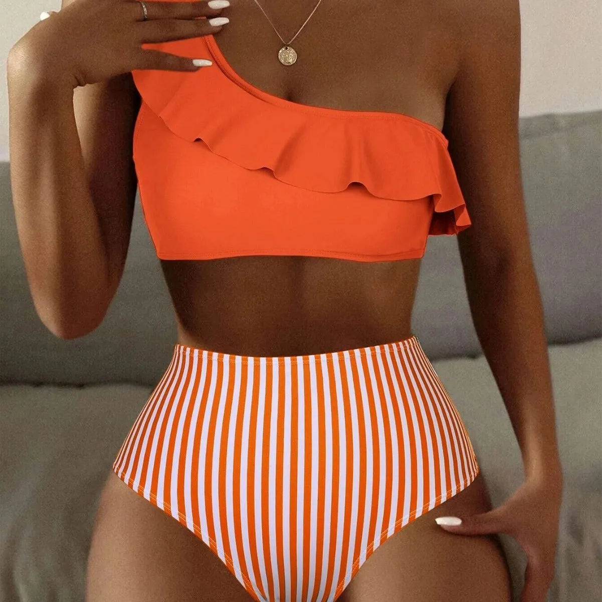 Women's striped split bikini swimsuit in army green with polyester spandex fabric, sleeveless design