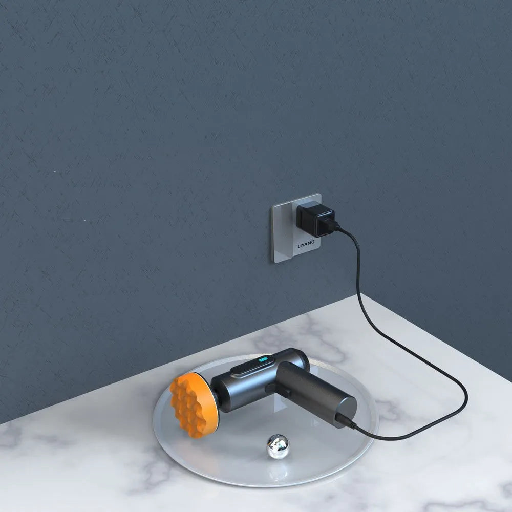 Wireless lithium battery waxing and polishing machine with a white plastic body and a grey polishing disc.