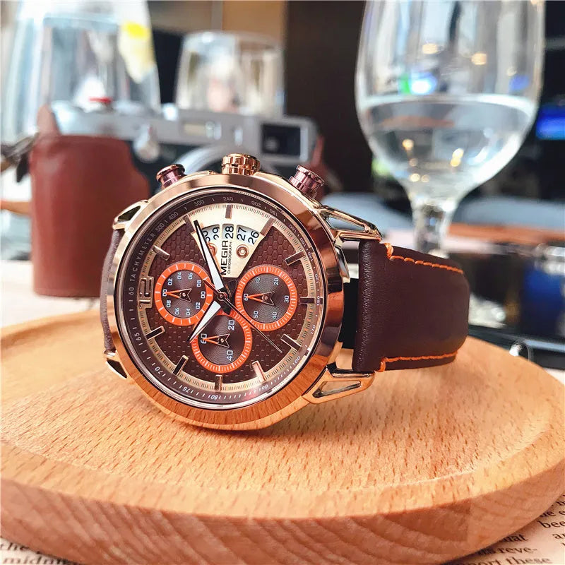 Men's quartz chronograph watch with luminous hands, leather strap, and alloy case on black background