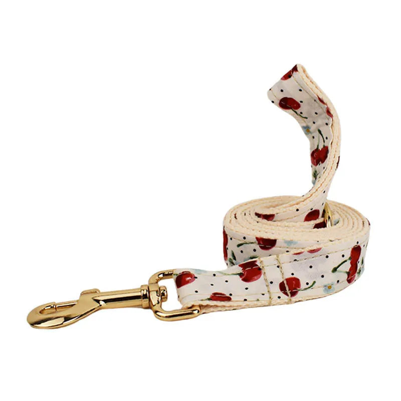 Red cherry printed dog collar and leash five-piece set with light gold buckle and bow strap
