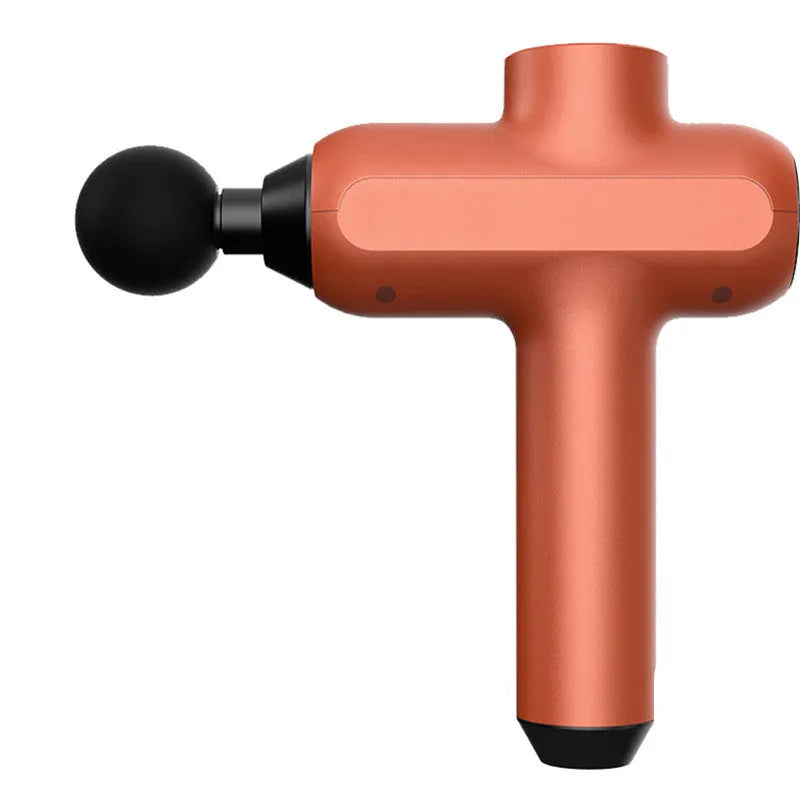 Black rechargeable muscle massager with six different coloured massage heads on a table.