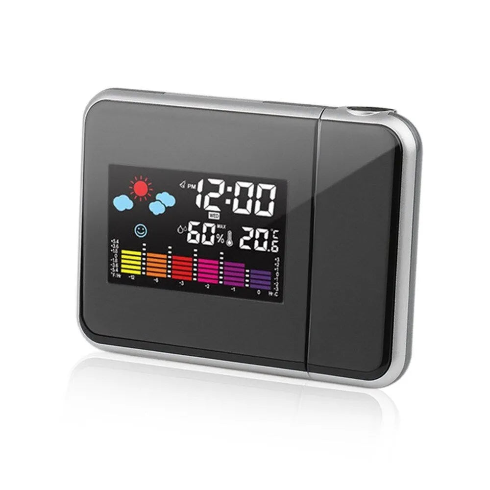 Black digital projection alarm clock showing time and temperature in multicolour LED