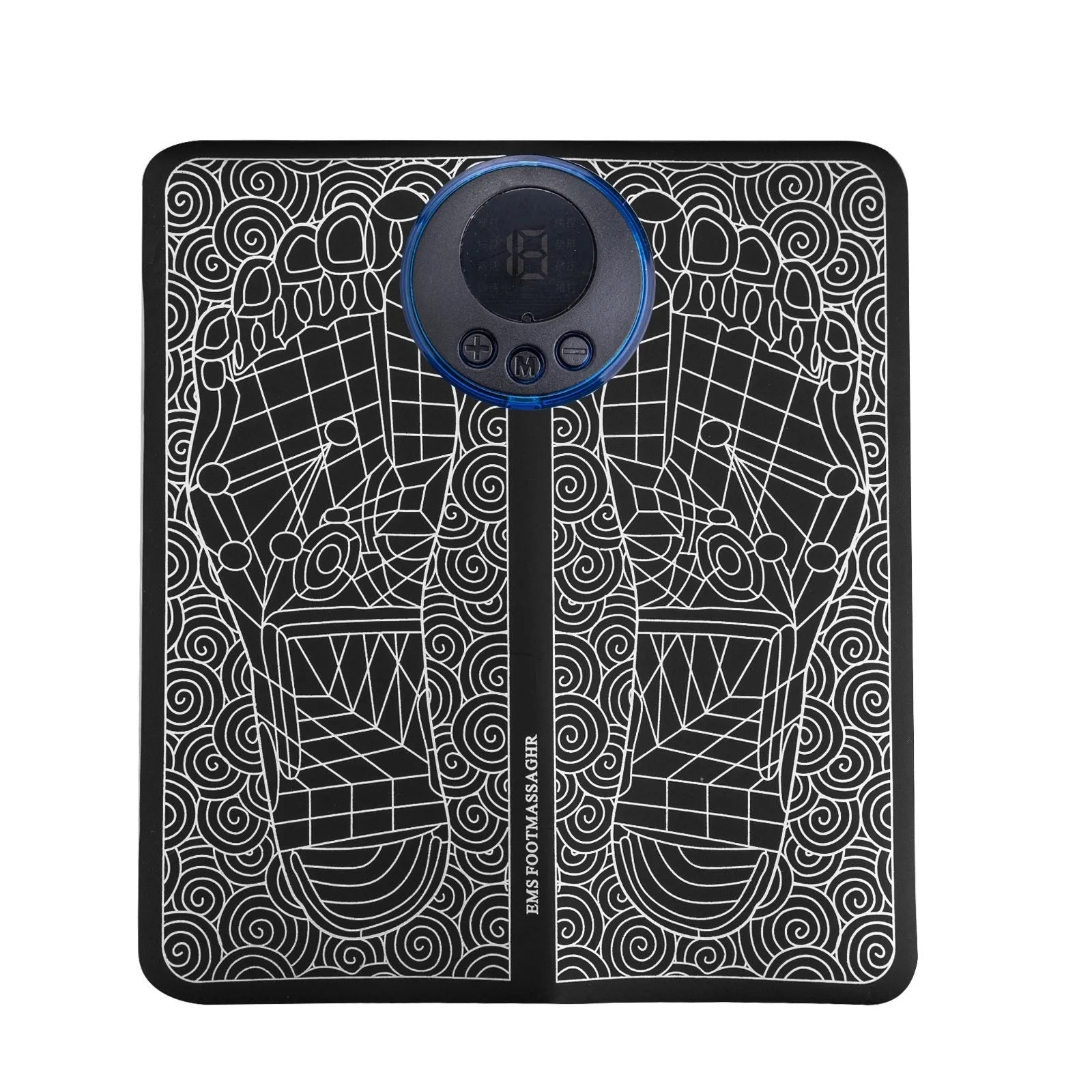 Leather foot massage cushions with a wireless remote control on a wooden floor