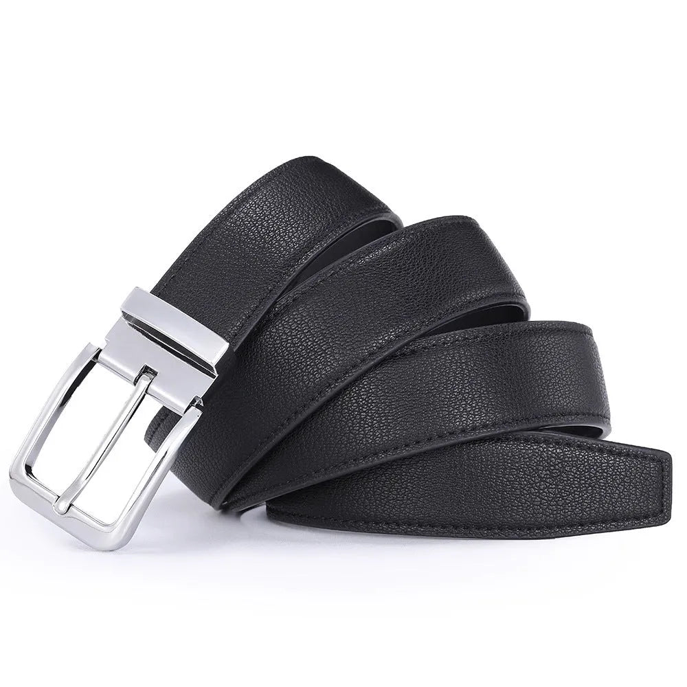 Men's genuine leather belt with alloy pin buckle and embossed water drop pattern on a flat surface
