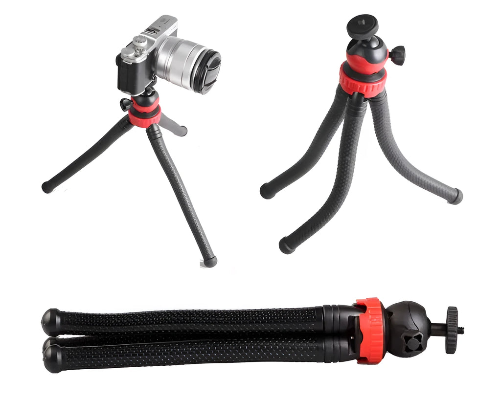 Black octopus tripod with flexible rubber legs and spherical gimbal, 30cm tall