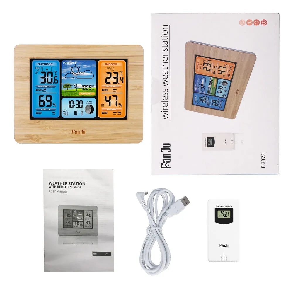Rectangular black pocket weather station with LCD display showing temperature, humidity and weather data