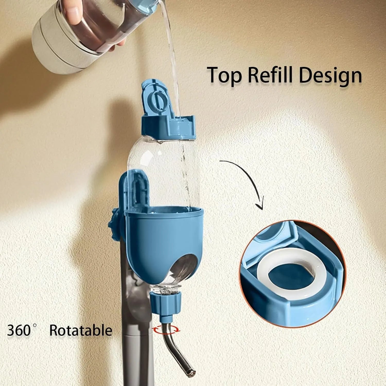 Small animal water bottle with rotating nozzle mounted on cage, shown in blue colour with 500ml capacity marking