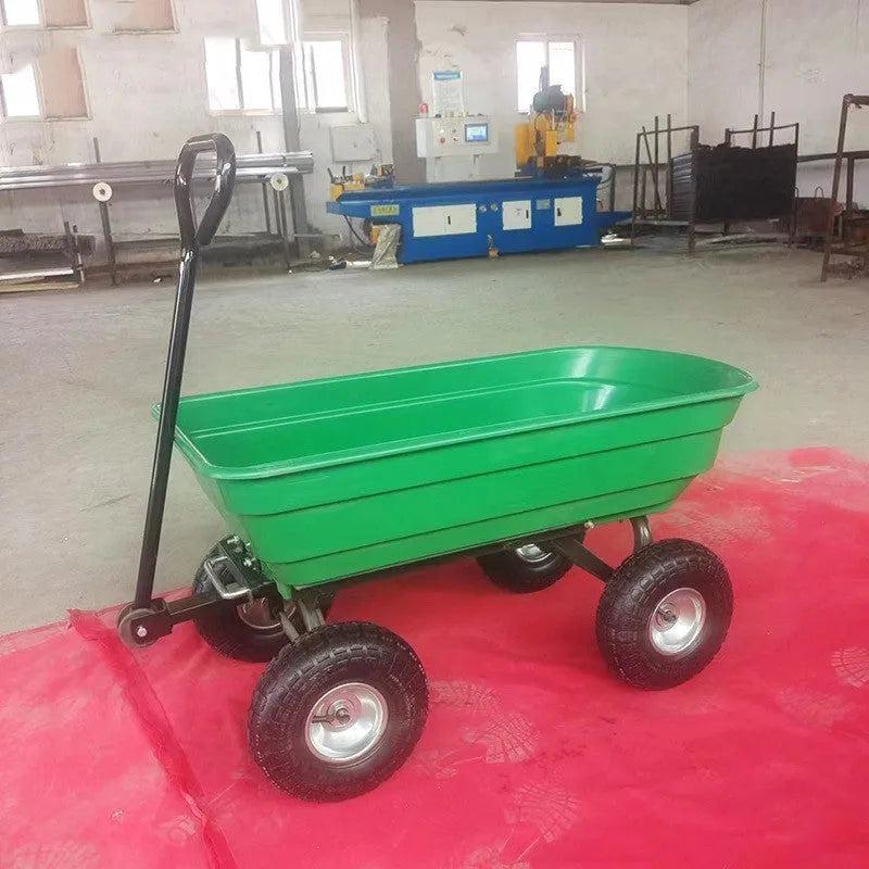 Green four-wheel plastic dump truck with steel PP construction for garden and farm material transport