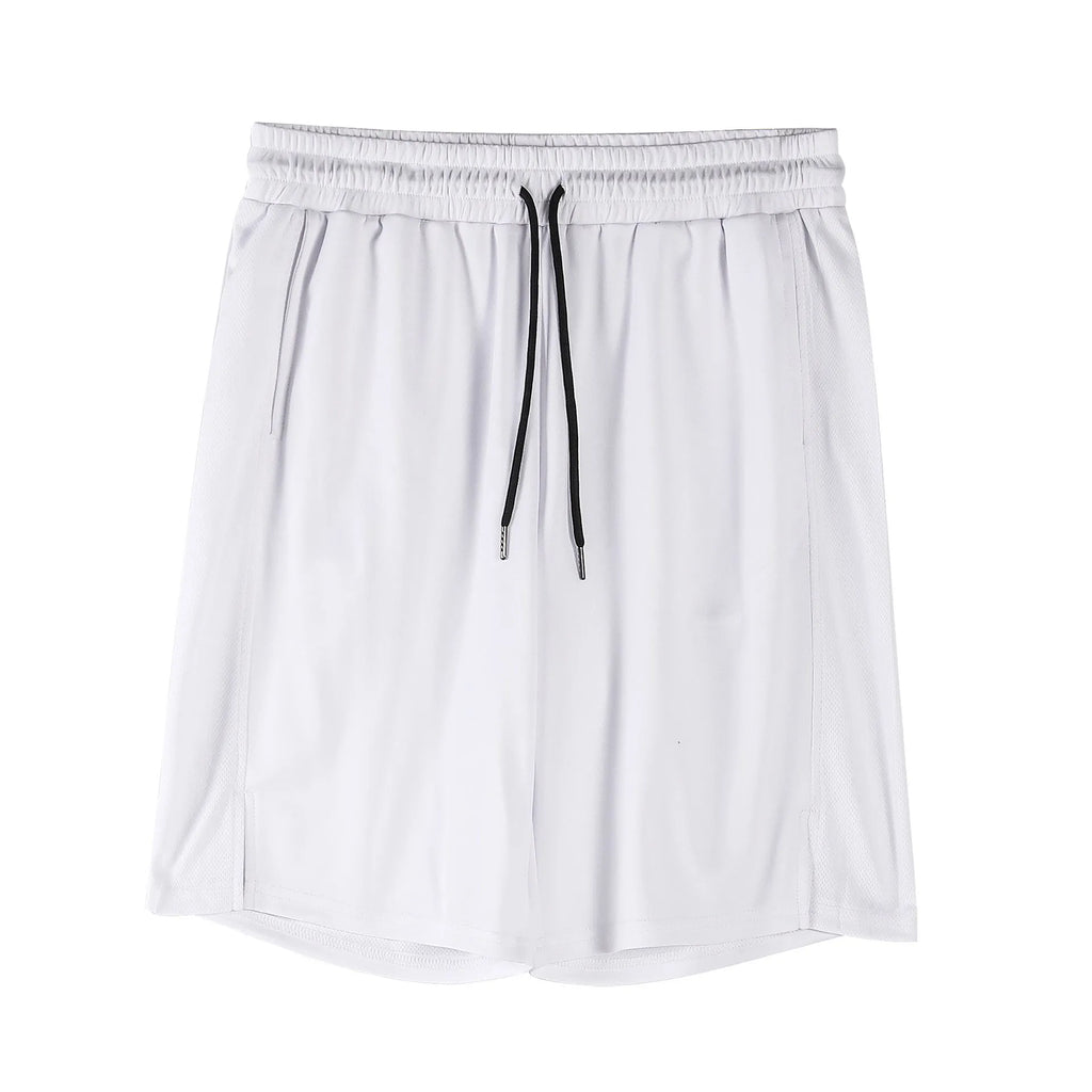 Men's black quick-dry mesh fitness shorts with elastic waistband laid flat.