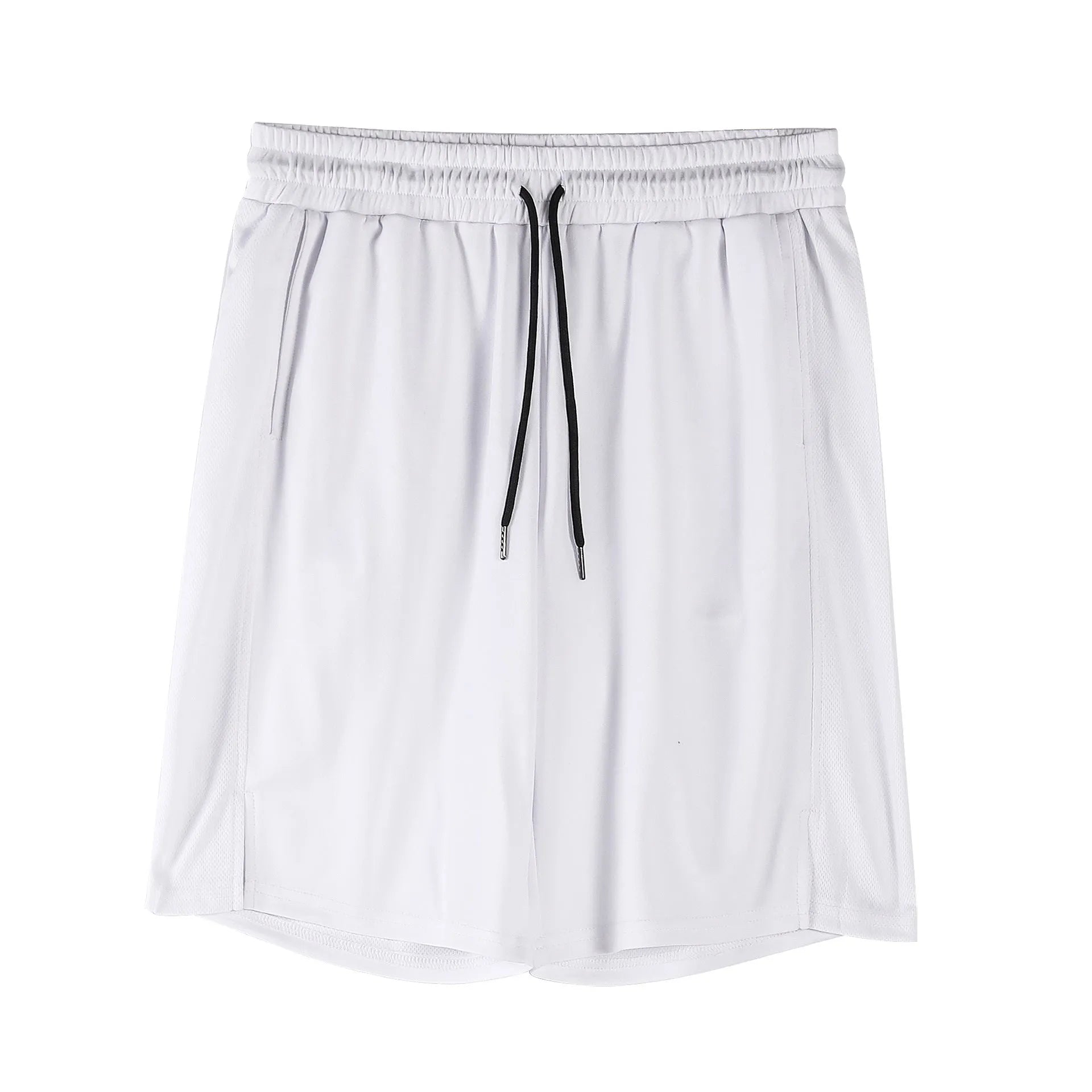Men's black quick-dry mesh fitness shorts with elastic waistband laid flat.