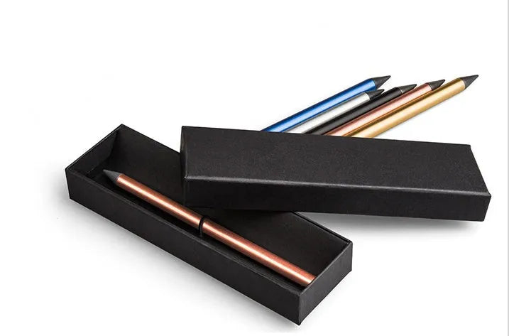 Metal inkless pen with alloy steel nib in presentation box with spare nib and pen bag