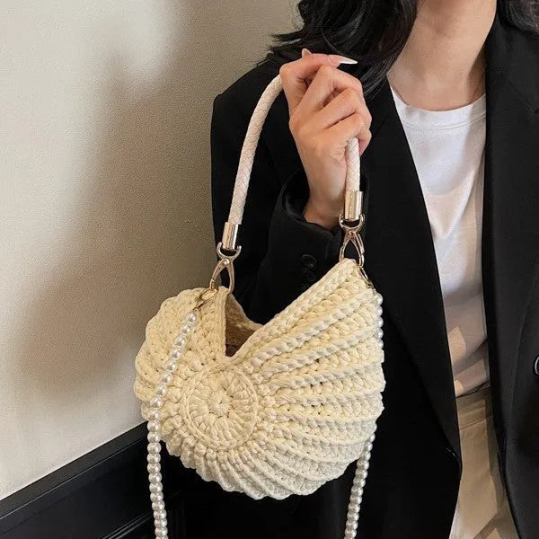 Handmade woven cloth bag for women, shell shape, open pocket, double shoulder straps, available in five retro colours