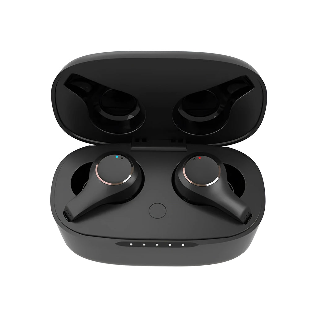 Wireless ANC active noise cancelling Bluetooth headset in black with earplug design and charging case