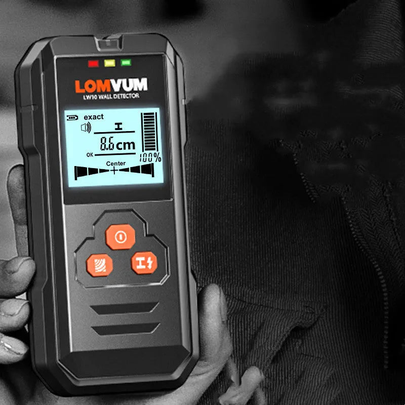 Handheld multifunctional wall detector with display for locating metal, wires, and wood.