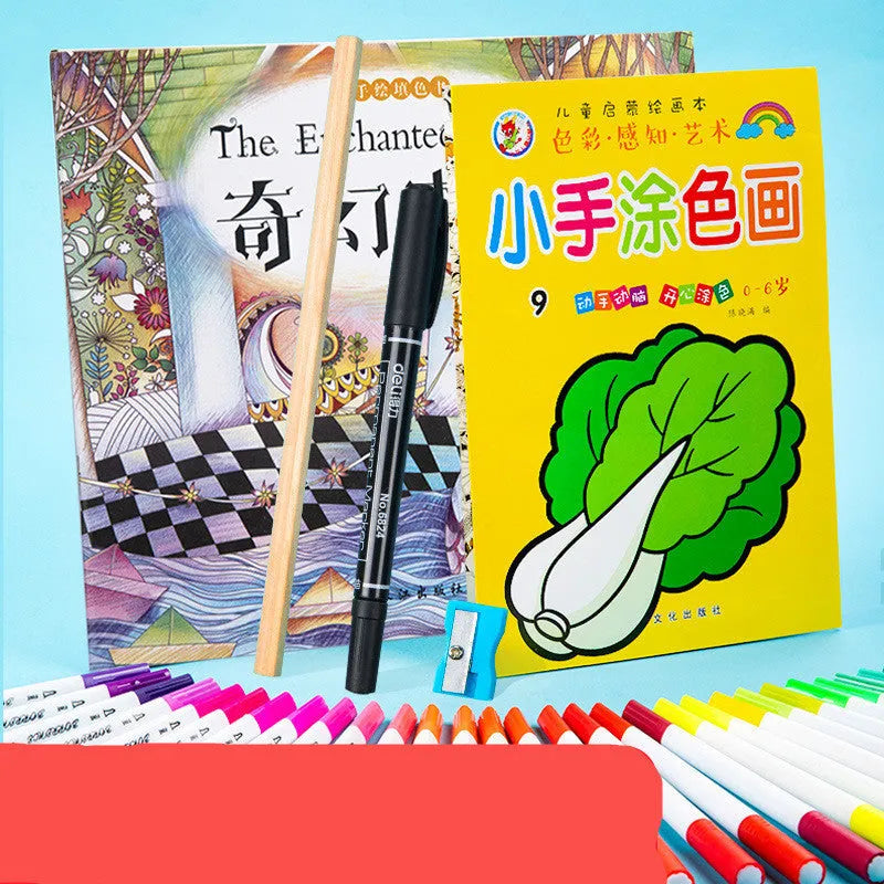 Boxed soft-tip watercolour pen set with 100 colours, pencil, marker, colouring book, and secret garden on a white background