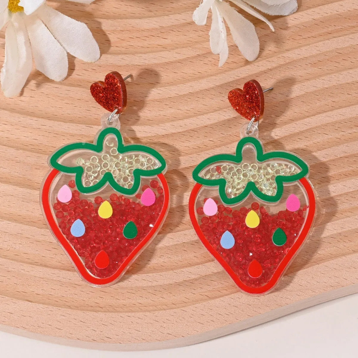 Acrylic dangle earrings for women featuring fruit and cake designs in pastoral style