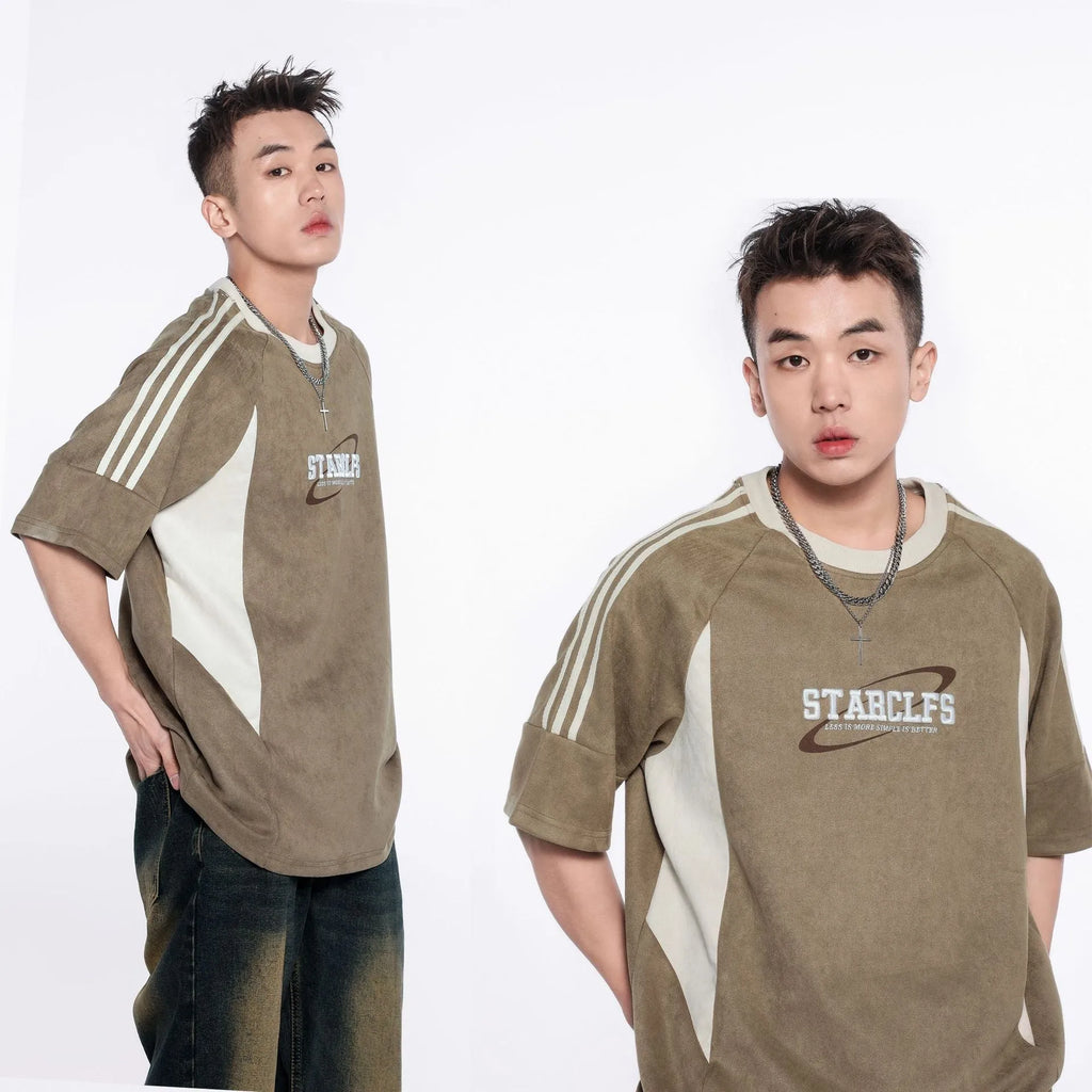 Men's Loose Short-sleeved T-shirt With Letter Embroidery Design, Polyester Fiber, Pullover Style, Available in Gray, Pink, Dark Khaki, Sizes M L XL for Casual Leisure Wear, American Retro Look