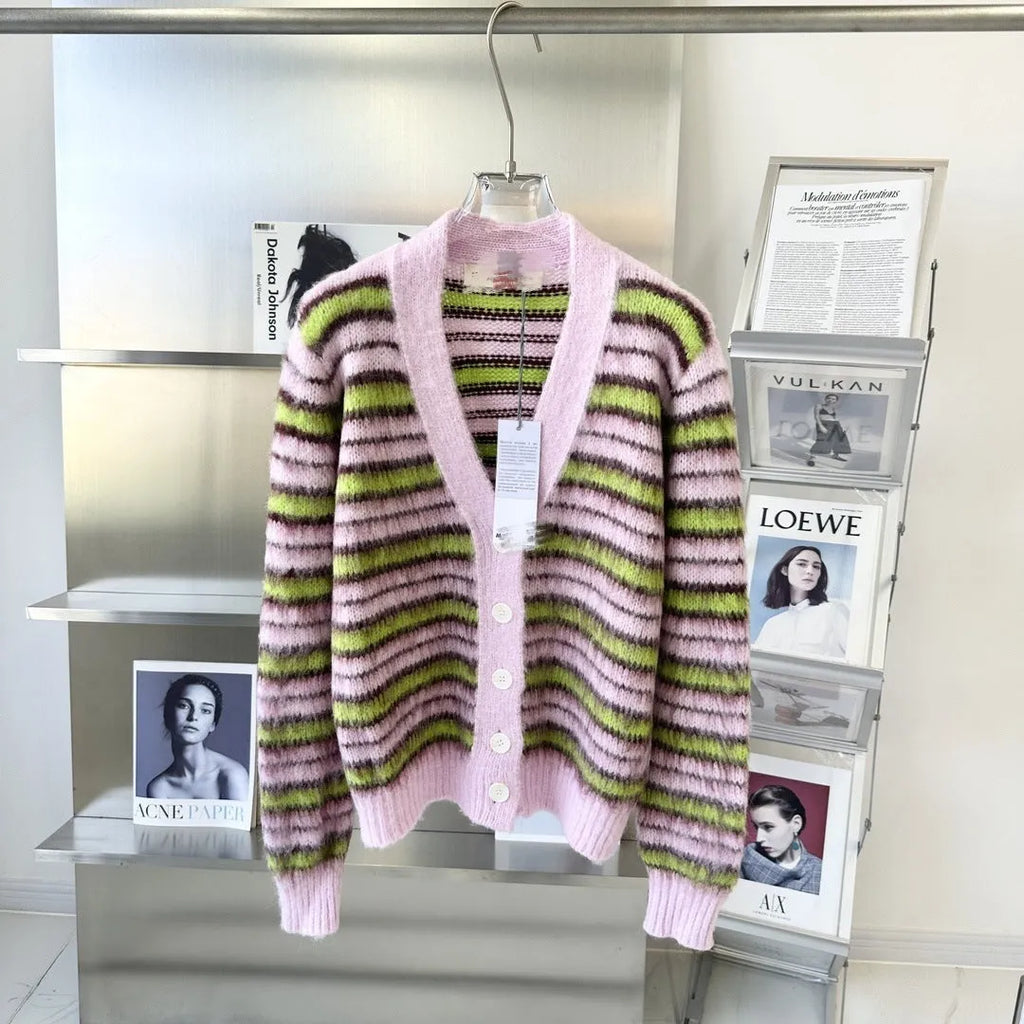 Pink wool knitted cardigan sweater with napped texture, shown as both an open cardigan and a round-neck pullover.