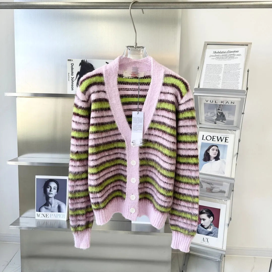 Pink wool knitted cardigan sweater with napped texture, shown as both an open cardigan and a round-neck pullover.