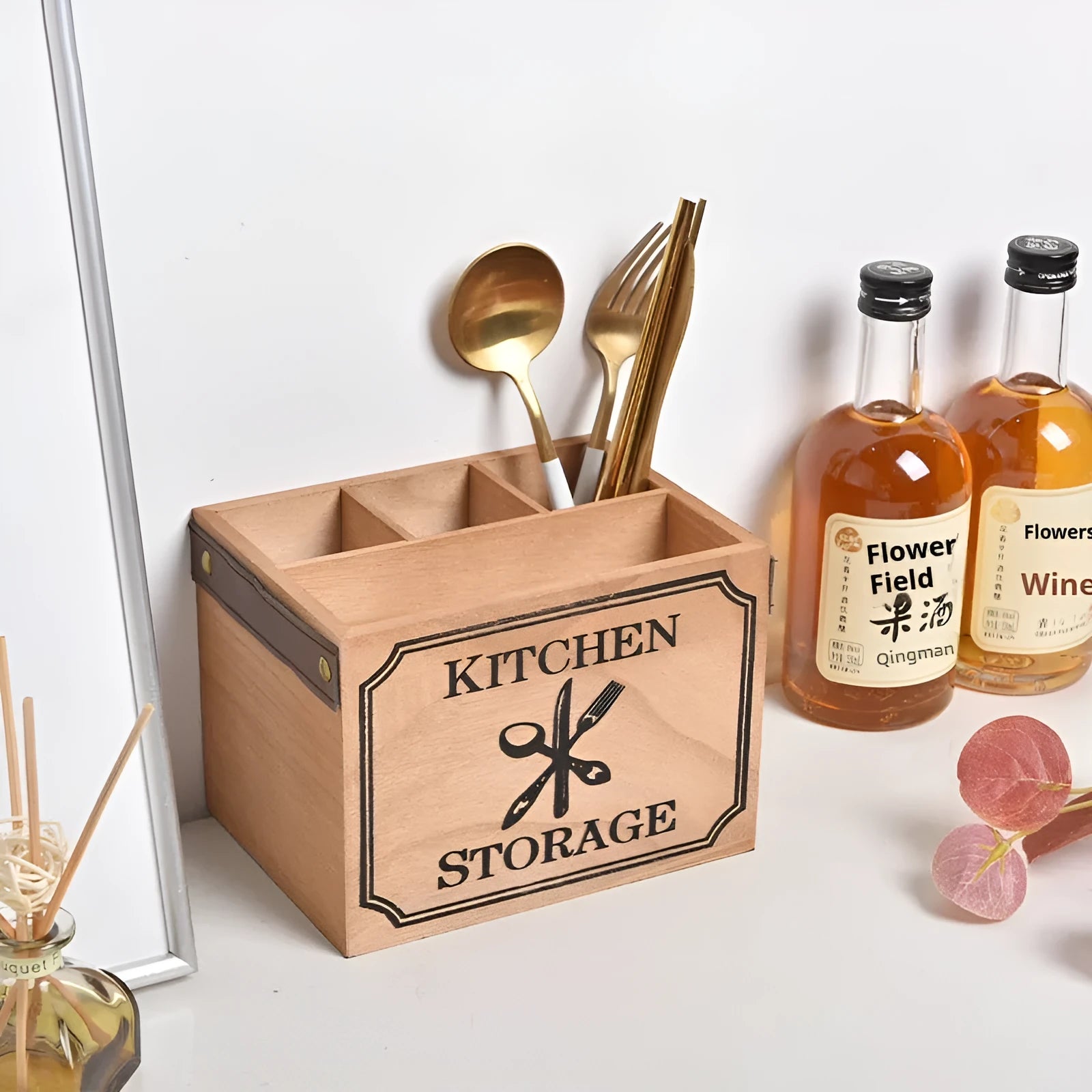 Wooden kitchen storage box with grid dividers for cutlery and chopsticks