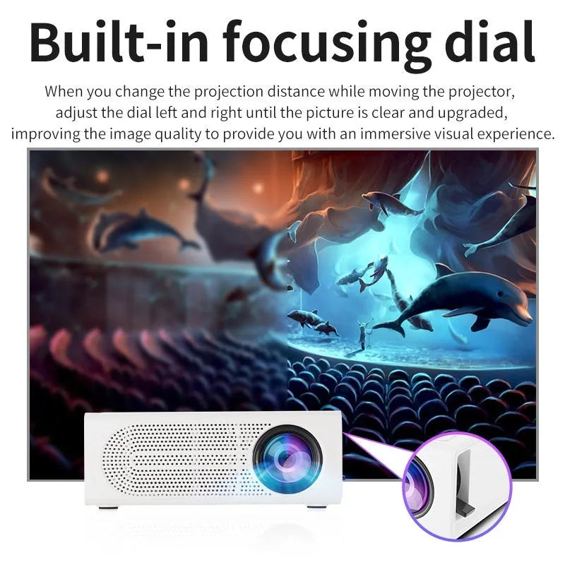 Black portable mini projector with wired mobile phone connectivity and compact design