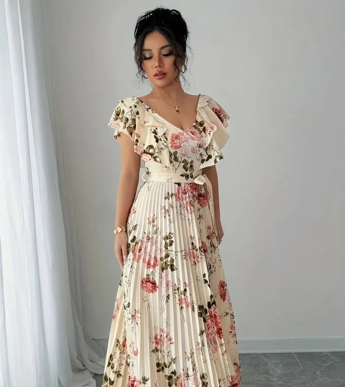 Women's apricot floral print V-neck dress with ruffled sleeves and swing skirt