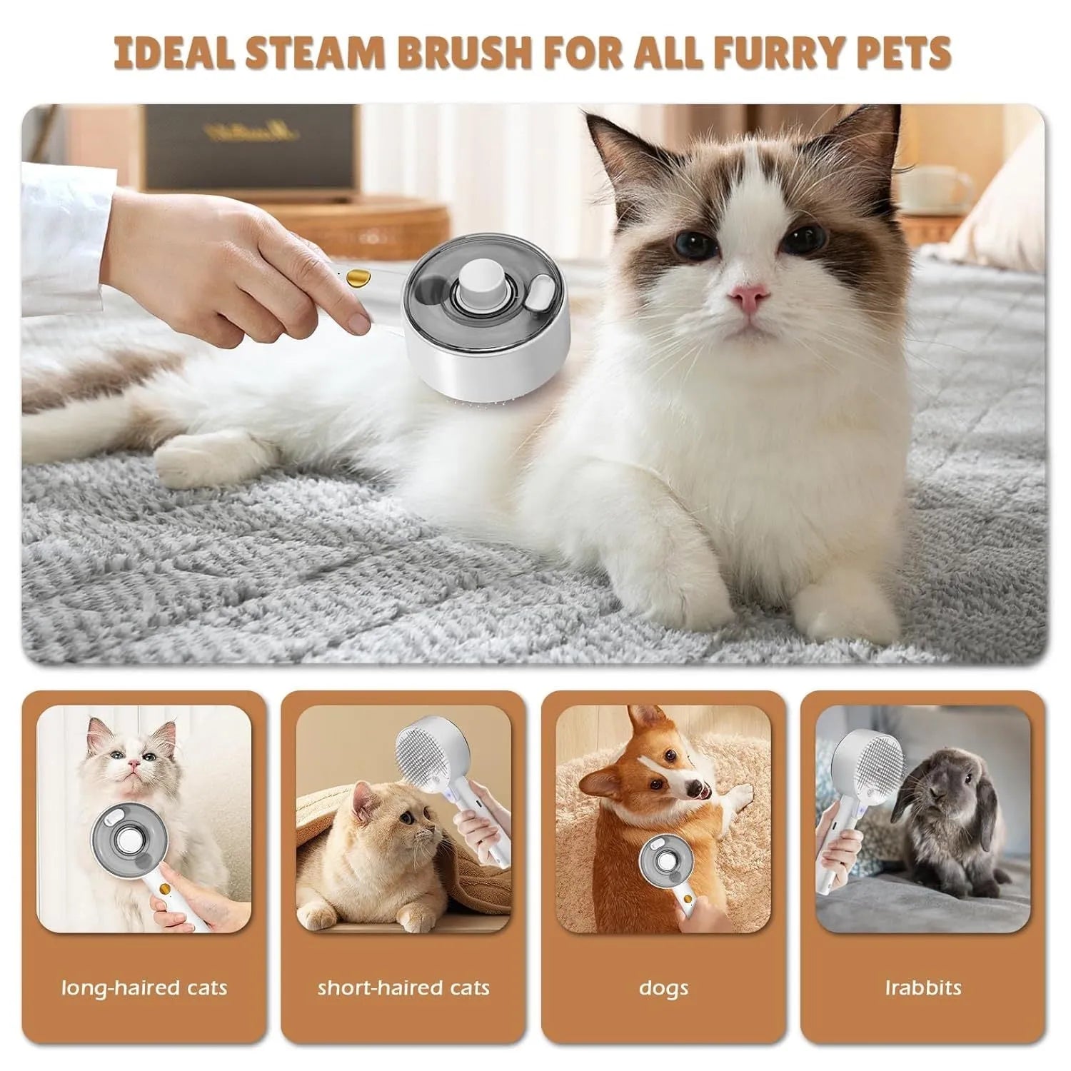 Pink cat steam brush for shedding with rounded massage head and transparent water tank on white background