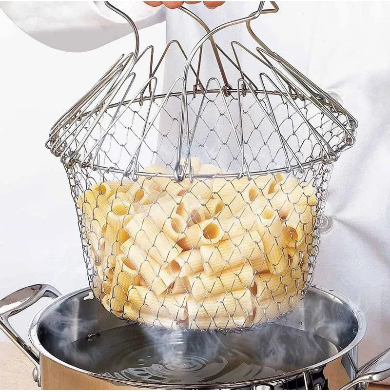Stainless steel foldable deep fry basket with handle, 23cm size, on a kitchen counter