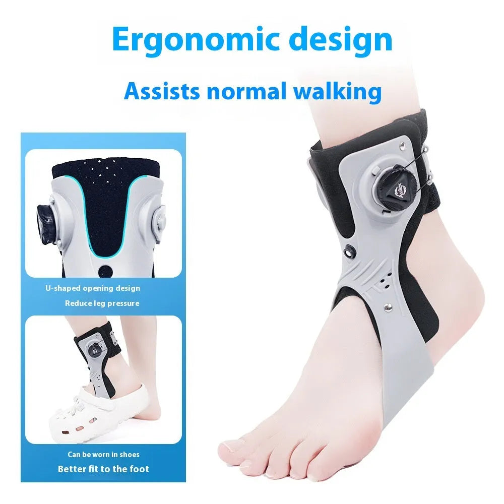 Grey and black ankle fixation brace with airbag button, shown in left and right foot sizes.