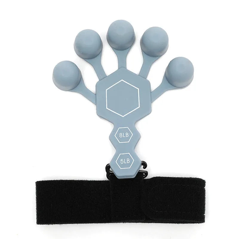 Gray silicone 5-finger rehabilitation hand trainer for grip strength exercises on a plain background
