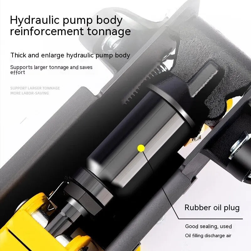 Horizontal low-profile hydraulic car jack with handle and compression member for tyre changes