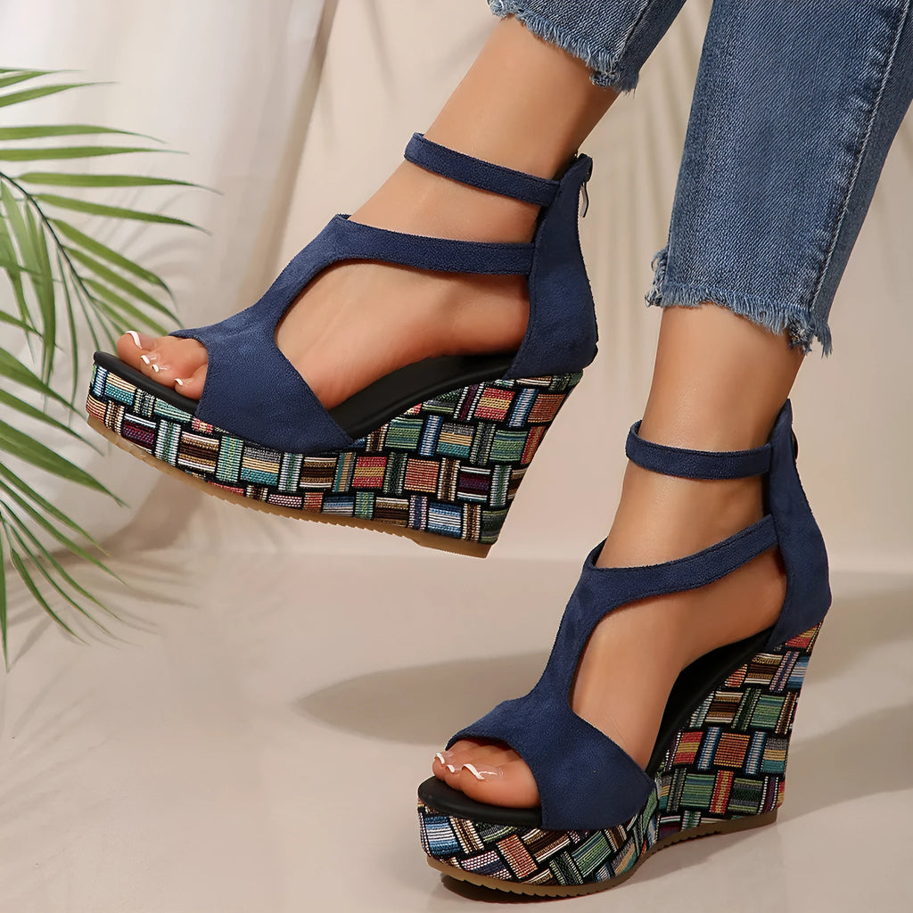 Women's thick-sole slope sandals with ankle strap buckle, fish mouth toe, available in multiple colours