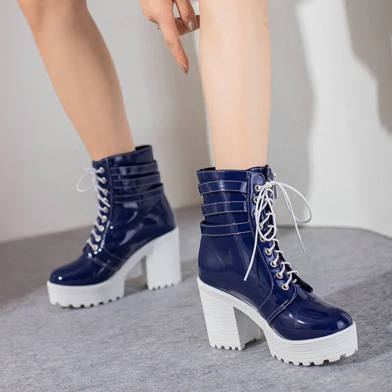 Women's casual short boots with thick heel and waterproof platform in solid colours like black and red