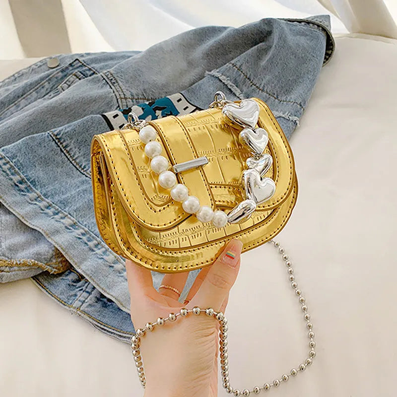 Laser pearl PU leather mini tote saddle crossbody bag in silver colour with single shoulder strap