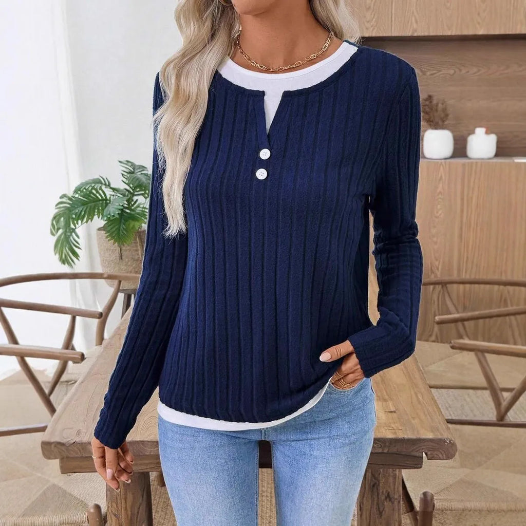 Women's fake two-piece pullover sweater with concave stripe pattern and round neck button detailing