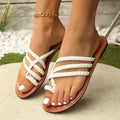 Women's brown clip-toe woven flat sandals on a light background
