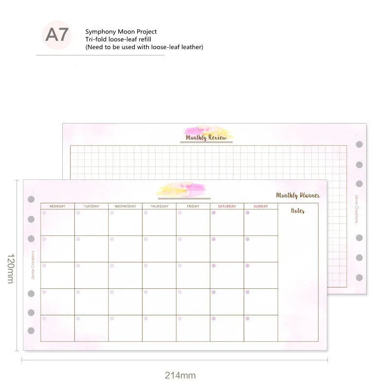 A5 A6 A7 tri-fold loose-leaf refill for hand ledger with Floral monthly plan layout