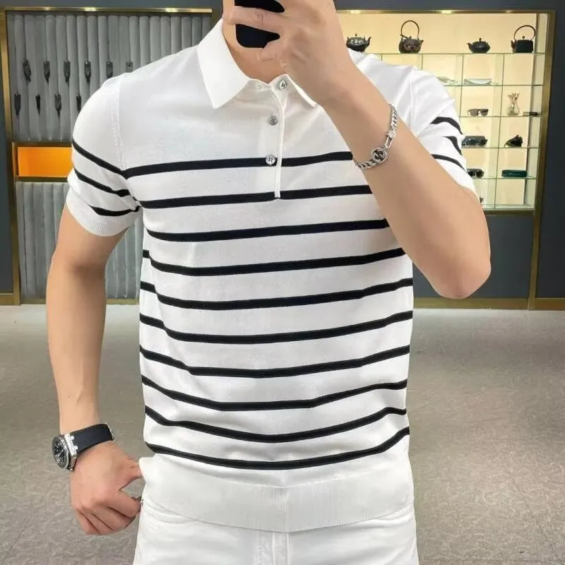Men's black and white striped knit T-shirt with collar lapel detail