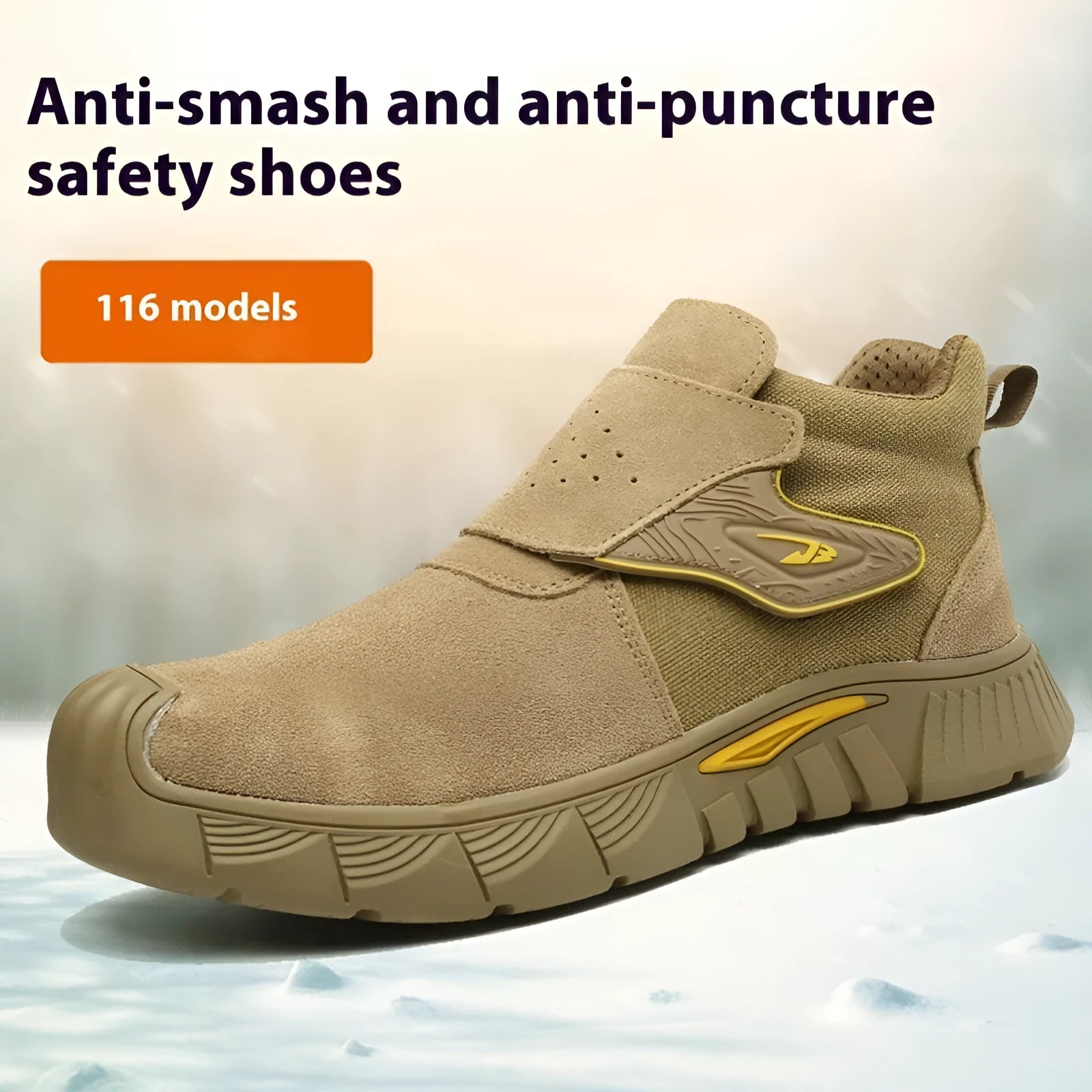 Brown leather anti-smash and puncture resistant lightweight labour protection shoes with rubber sole.
