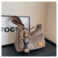 Large capacity woolen shoulder bag for women, horizontal square shape, brown colour with pendant