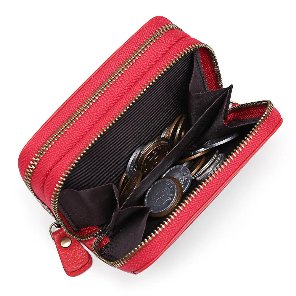 First cowhide double layer zipper expanding card holder anti-theft wallet in black with gift box